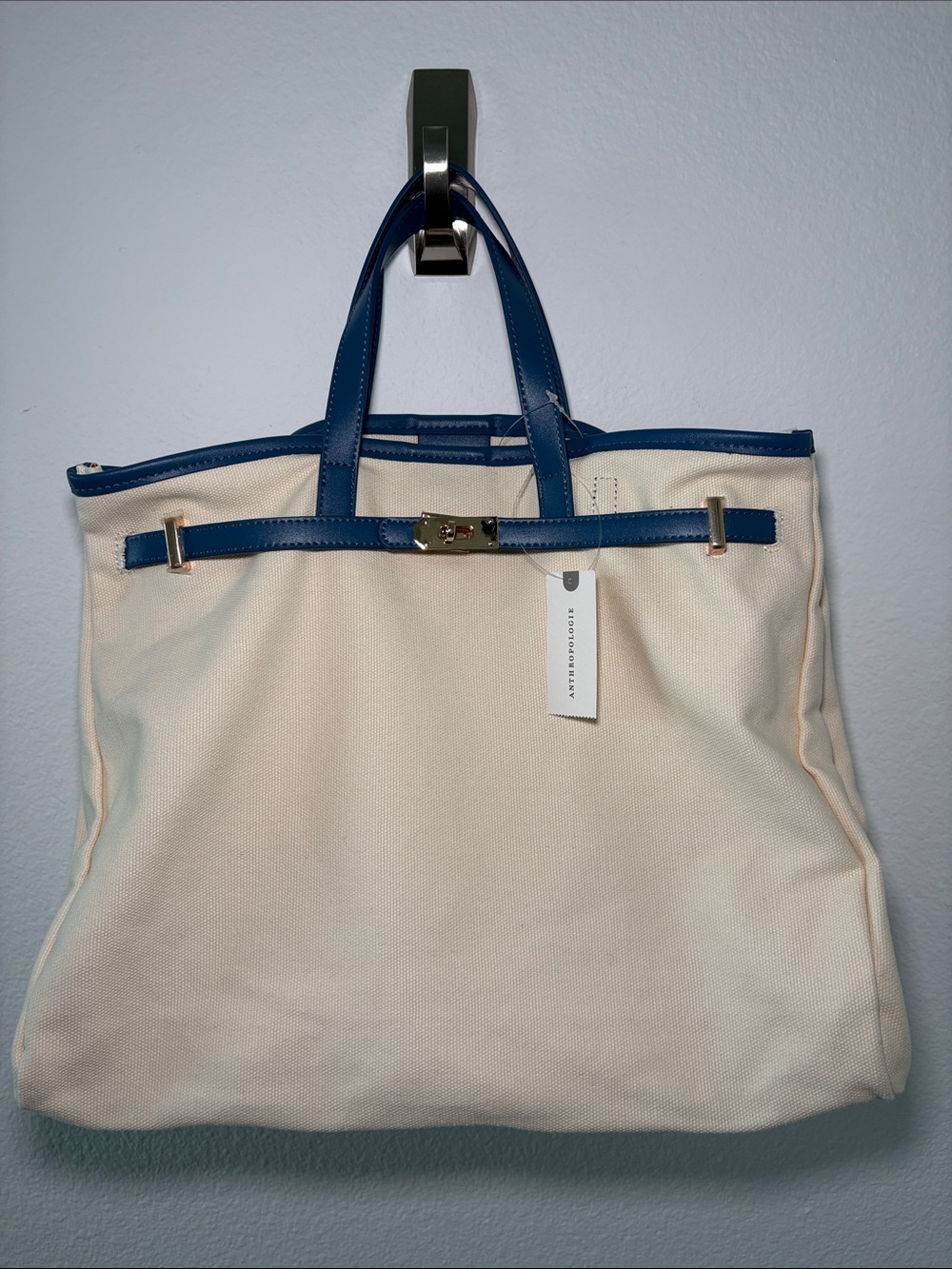 Anthropologie Oversized Slouchy Cream Canvas Tote with Blue Trim